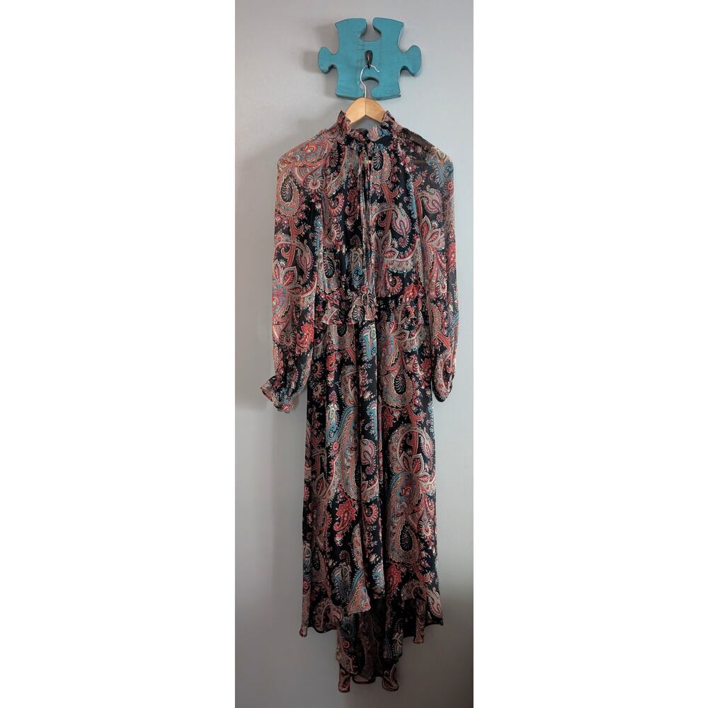 BR x Olivia Palermo Silk Paisley Hi-Low Maxi Dress Black Teal Orange XS - Picture 15 of 16